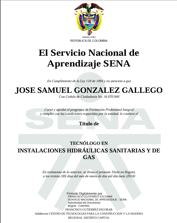 Certificado SENA — Tecnólogo en Instalaciones Hidráulicas Sanitarias y de Gas