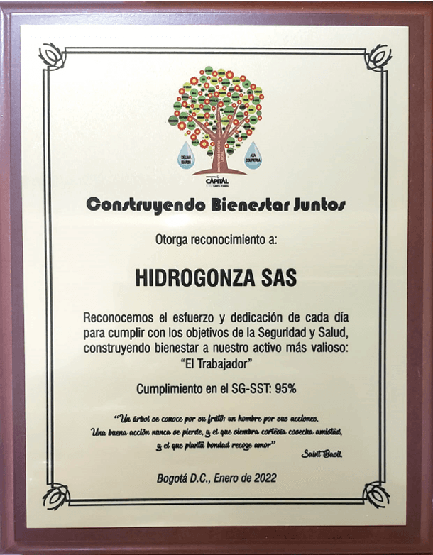 Placa de reconocimiento Constructora Capital Bogotá SAS 2022 — Hidrogonza S.A.S.
